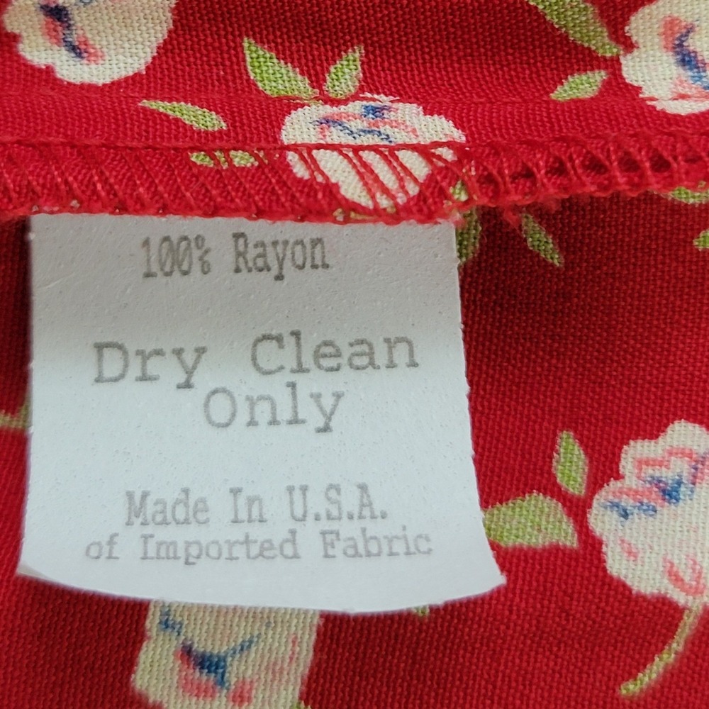 Vintage Sara Campbell Red Floral Midi Dress Petite 8P Button Front Rayon - Picture 6 of 14